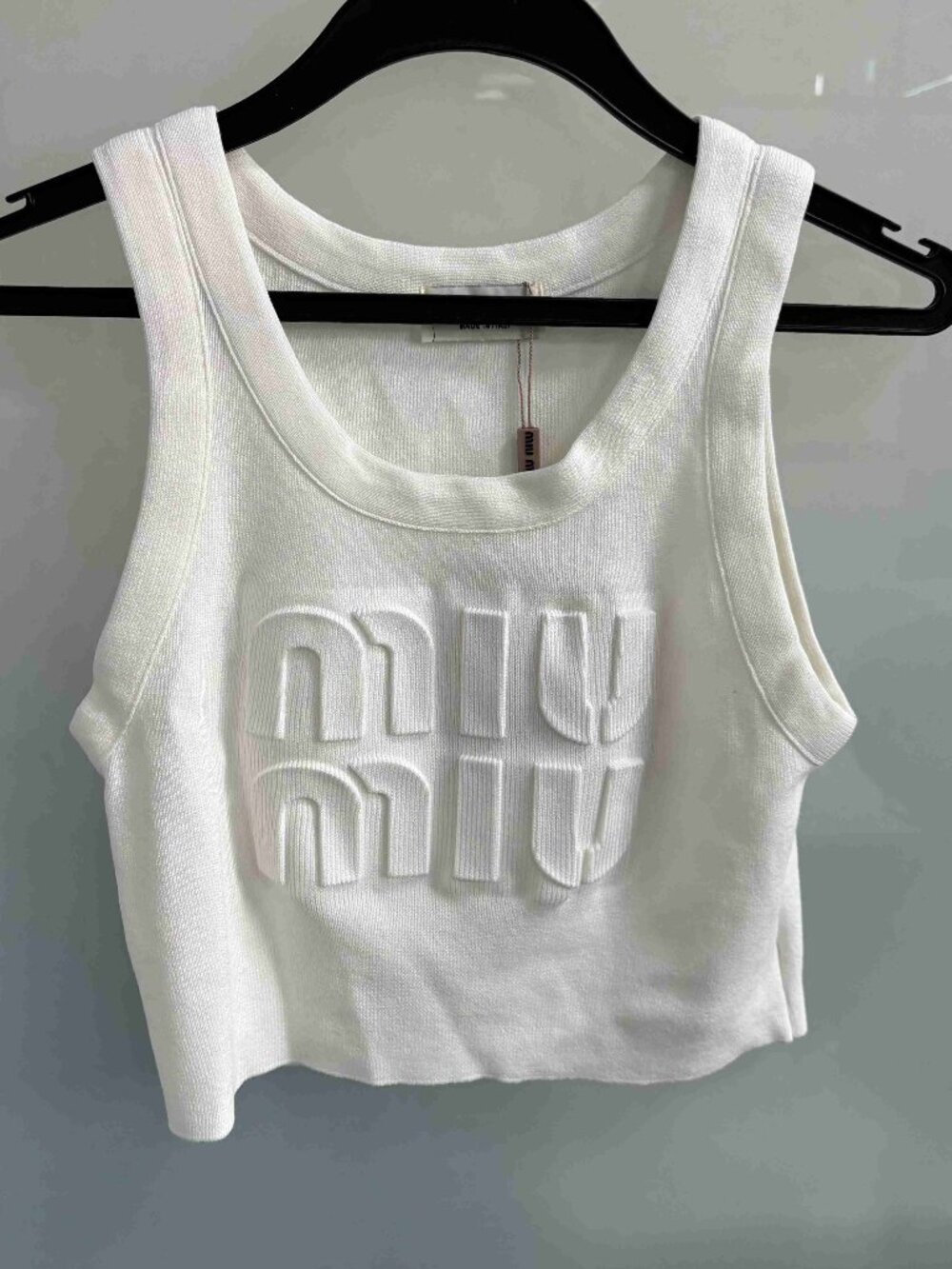 Miu Miu White Ribbed Crop Tank Embossed Logo